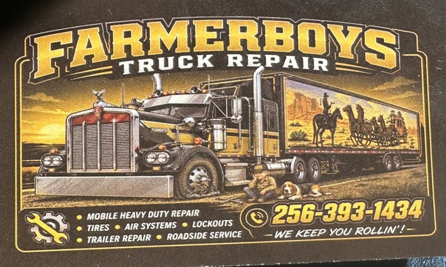 The Farmerboys Truck Repair business card: a big rig with a painted trailer and the line We keep you rollin'!